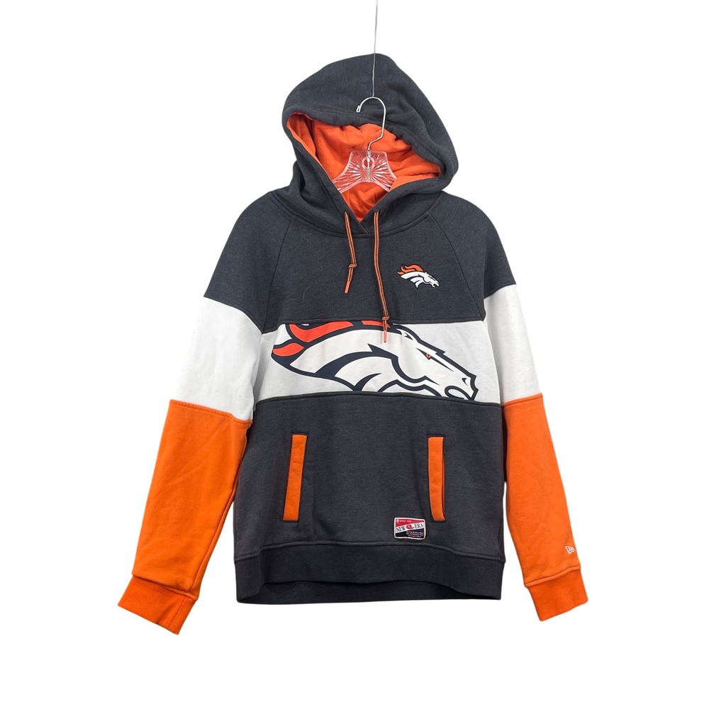 New Era Denver Broncos Hoodie Womens Large Grey Orange NFL Colorblock Sweatshirt